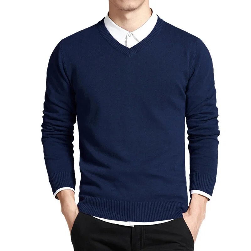 Men Cotton Sweater Long Sleeve Pullovers V Neck Knitted