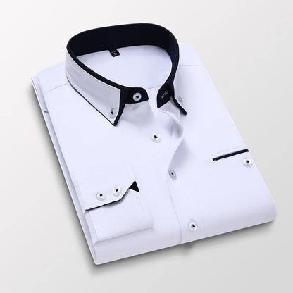 High-Quality Men's Dress Shirt: Long Sleeve Twill Solid & Striped Design, Formal or Casual Wear, Slim Fit.