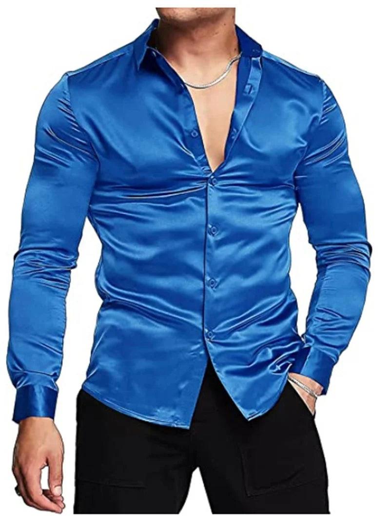 Luxurious Silk Satin Dressy Men Shirt: Long Sleeve Slim Fit Button-down Casual