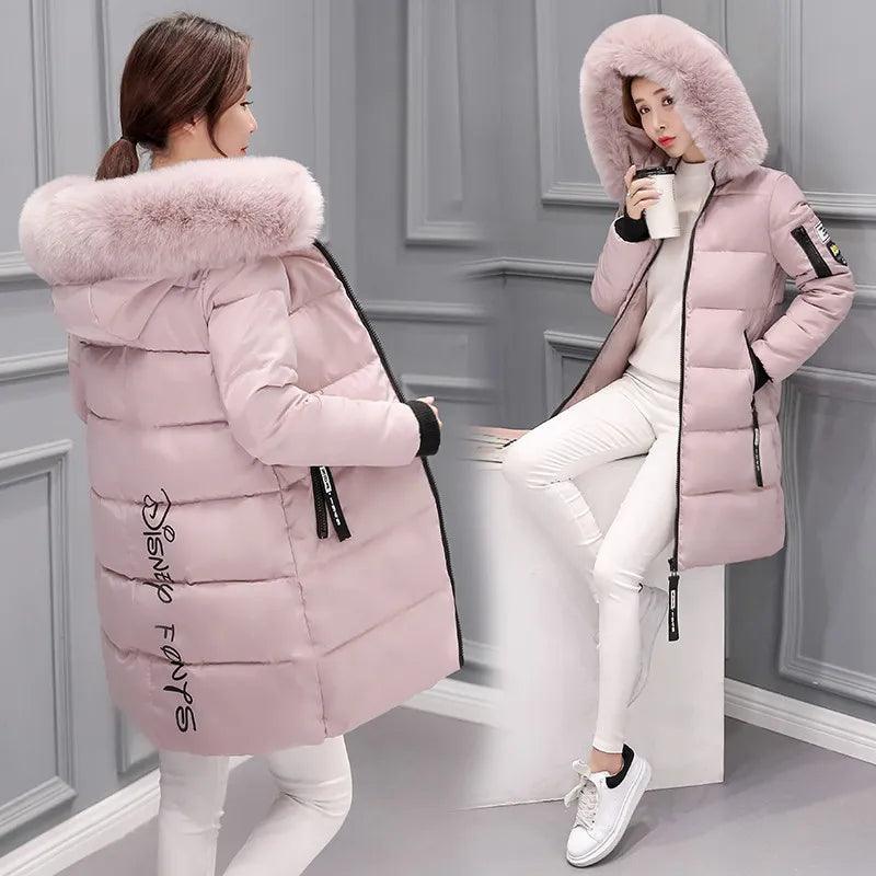 Parka Big Fur Collar Hooded Thick Warm Long Female Coat Casual