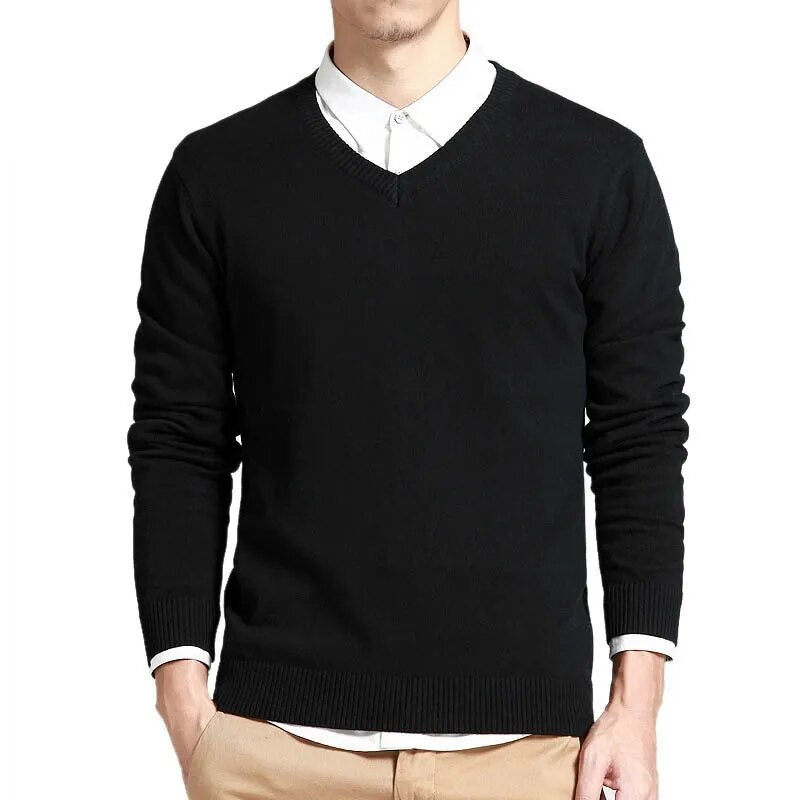 Men Cotton Sweater Long Sleeve Pullovers V Neck Knitted