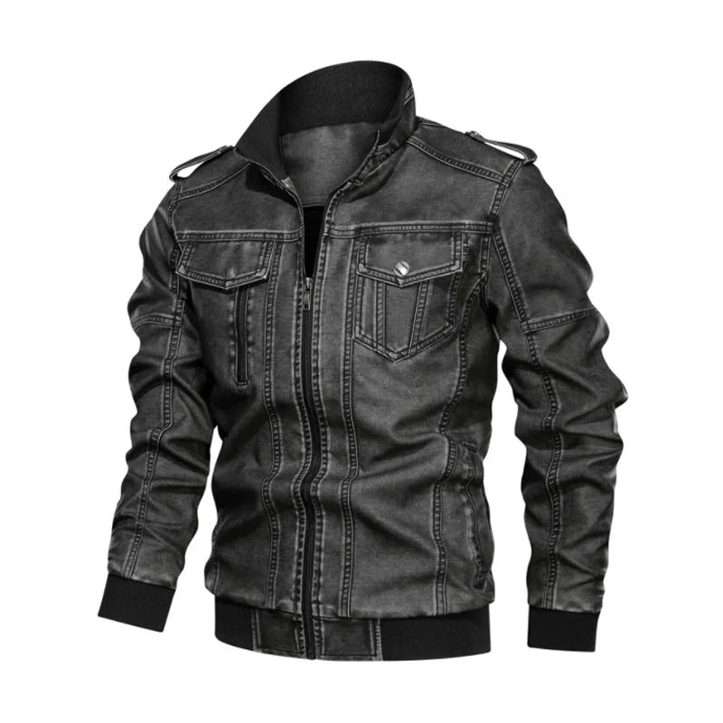 Men's Leather Jacket Distressed Wash, Zipper Closure