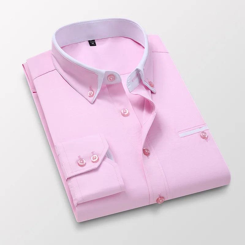 High-Quality Men's Dress Shirt: Long Sleeve Twill Solid & Striped Design, Formal or Casual Wear, Slim Fit.