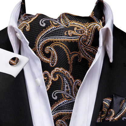 Hi-Tie Silk Mens Ascots Hanky Cufflinks Set Jacquard Paisley Floral Cravat