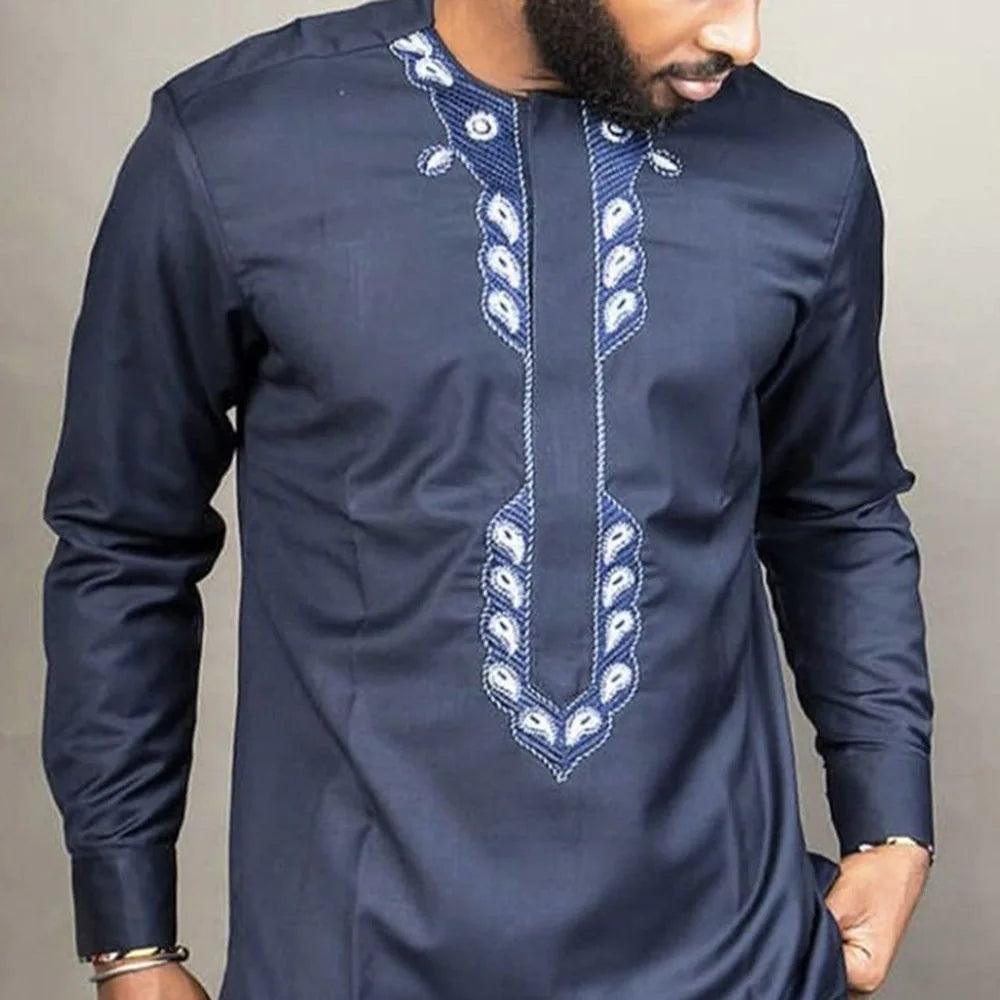 S-4XL Youth Leisure Embroidered Cotton Round Neck Navy blue African National Style Men's Shirt streetwear