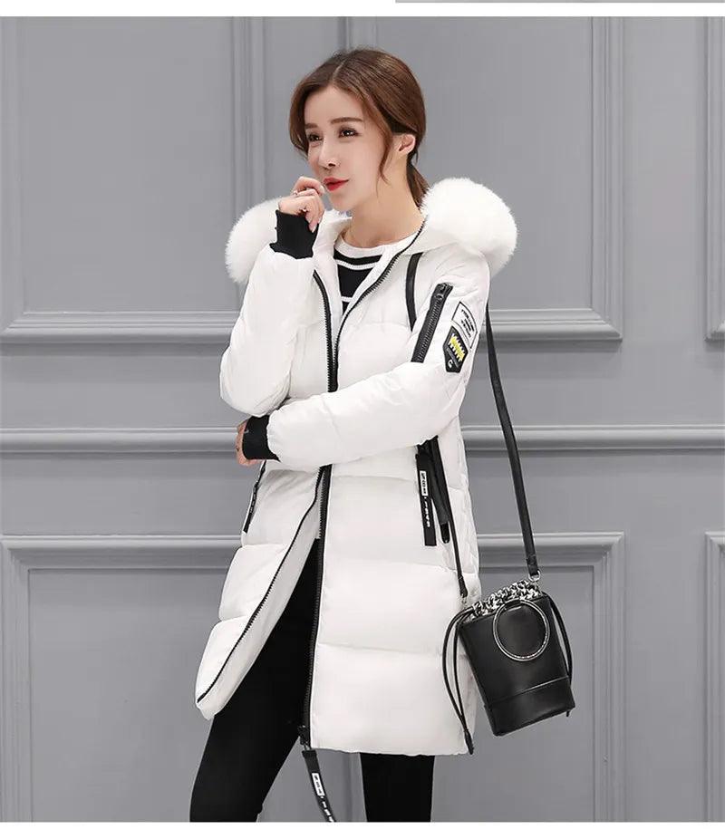 Parka Big Fur Collar Hooded Thick Warm Long Female Coat Casual