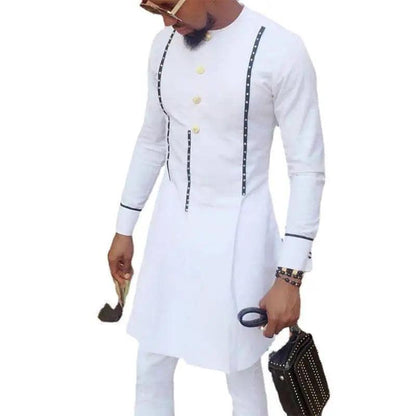 Men's Traditional Dashiki Style Shirt, Round Neck, White Print