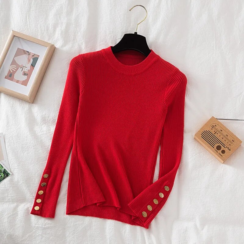 Thick pullovers casual button sleeves o-neck chic soft sweater