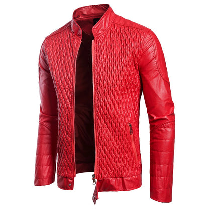 Diamond-Patterned PU Leather Quilted Men's Jacket