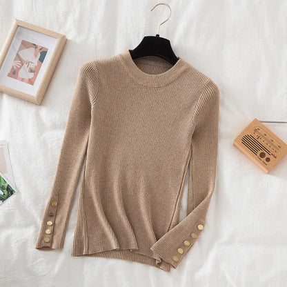 Thick pullovers casual button sleeves o-neck chic soft sweater