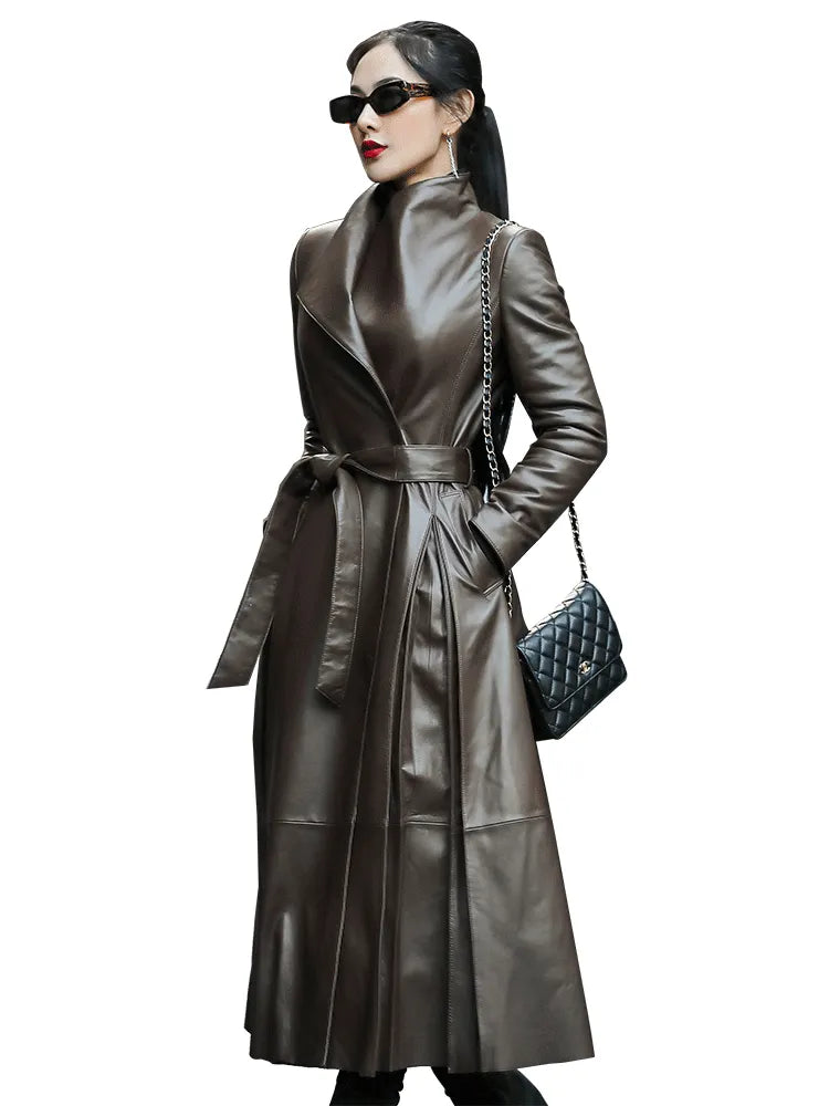 Long Soft Faux Leather Trench Coat with Belt Elegant Down Coat