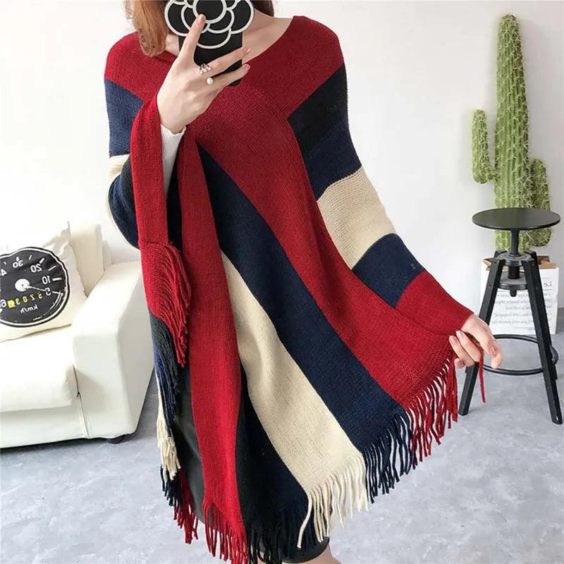 Cloak Soft Knitted Stripe Cardigan Ponchos