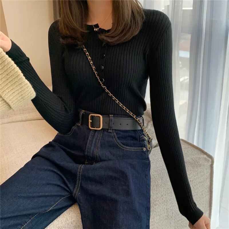 Knitted Button Pullover Sweater Slim