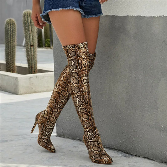 Winter Thigh High Snake Pattern Pointed Toe Zipper Boots