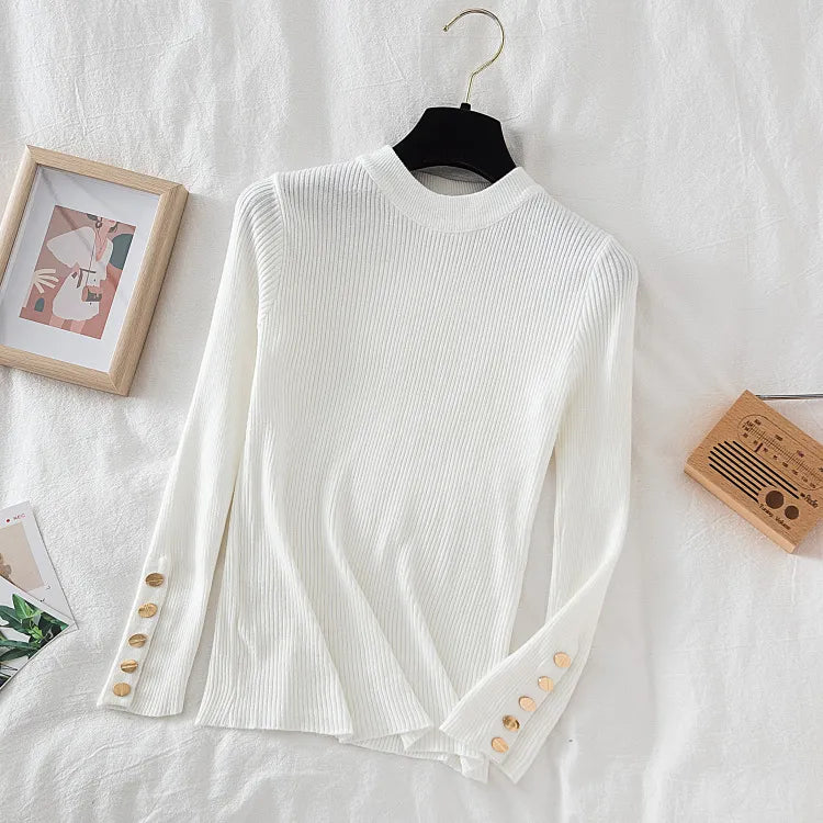 Thick pullovers casual button sleeves o-neck chic soft sweater