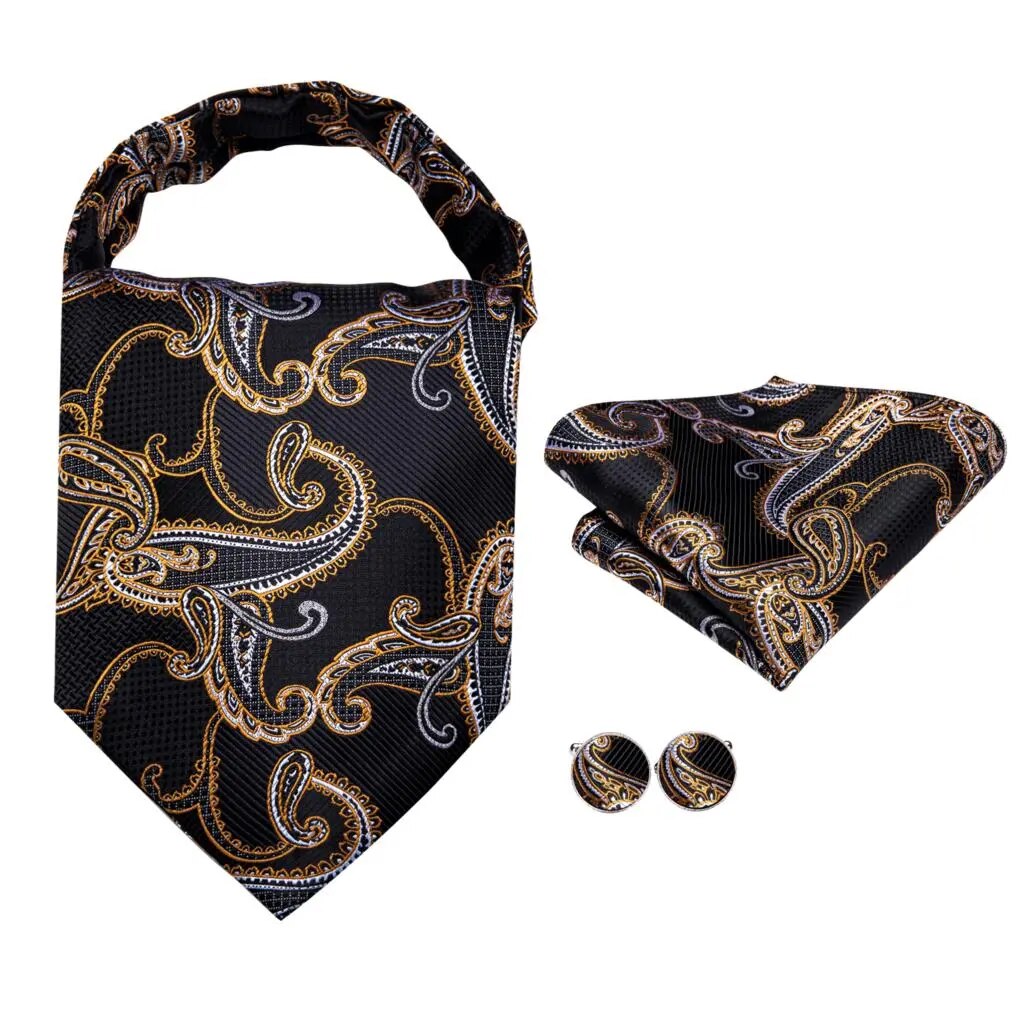 Hi-Tie Silk Mens Ascots Hanky Cufflinks Set Jacquard Paisley Floral Cravat