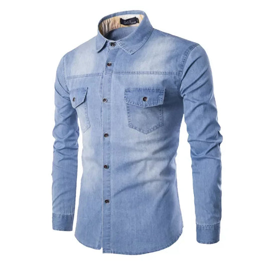 Slim Fit long-sleeved shirt with double pockets men's denim shirt