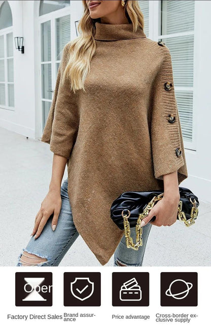 Button Poncho Oversized Turtleneck Jumper Knitwear Sleeve