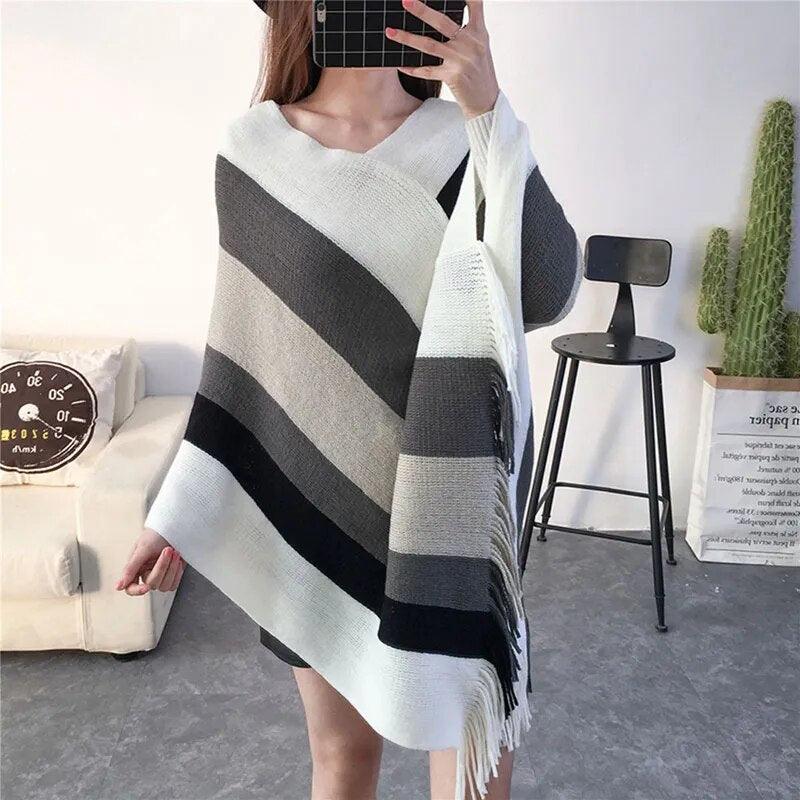 Cloak Soft Knitted Stripe Cardigan Ponchos