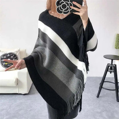 Cloak Soft Knitted Stripe Cardigan Ponchos