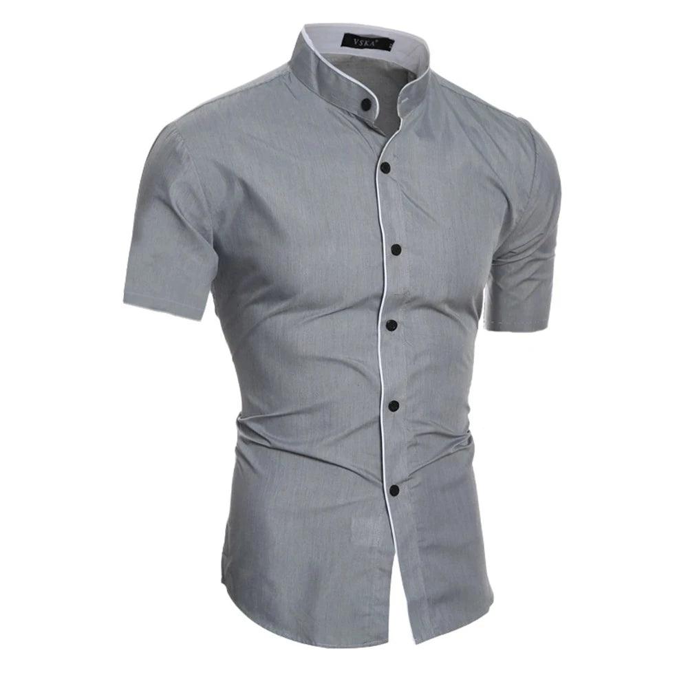 Summer Business Casual: Men's Short Sleeve Stand-up Collar Slim-fit Cotton Shirt