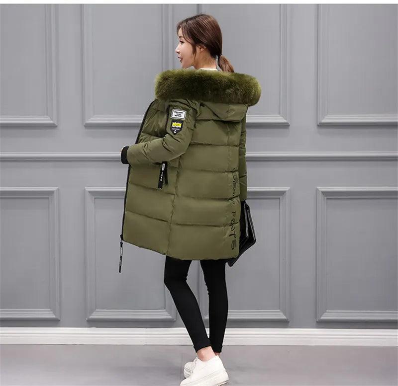 Parka Big Fur Collar Hooded Thick Warm Long Female Coat Casual