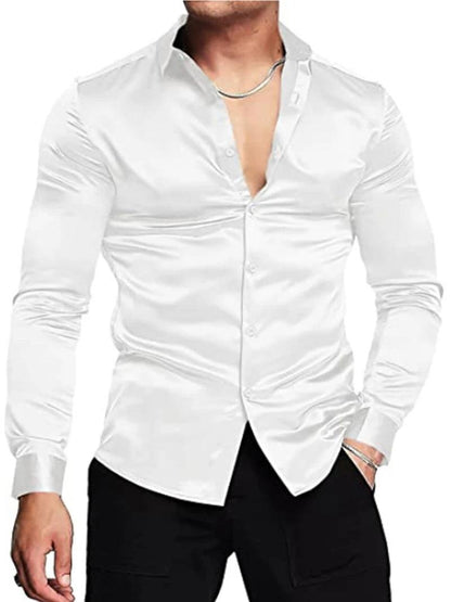 Luxurious Silk Satin Dressy Men Shirt: Long Sleeve Slim Fit Button-down Casual