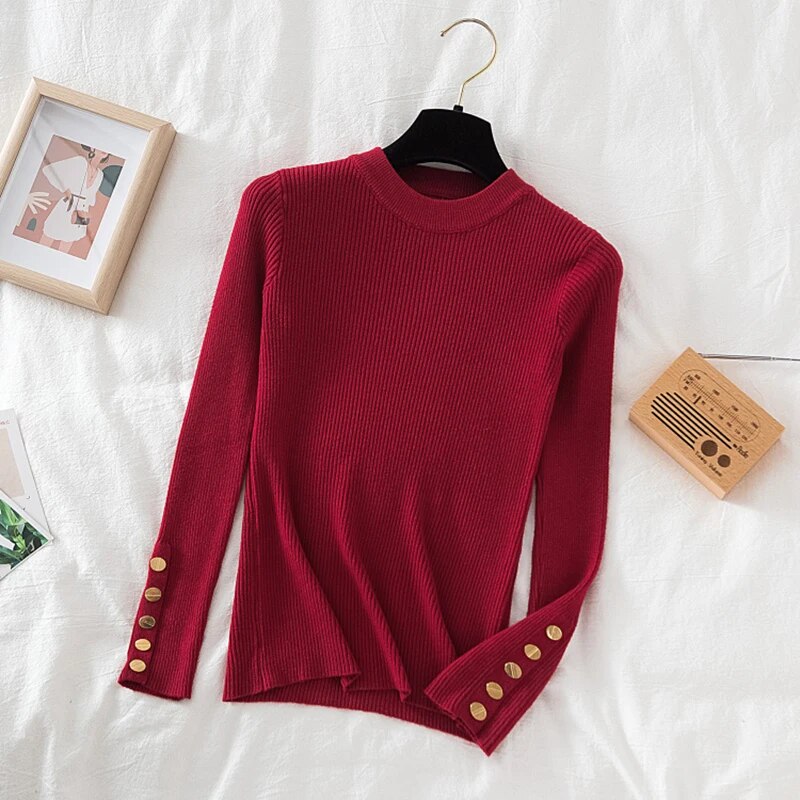 Thick pullovers casual button sleeves o-neck chic soft sweater