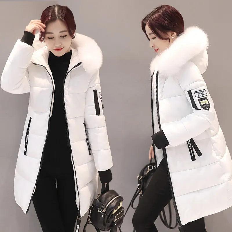 Parka Big Fur Collar Hooded Thick Warm Long Female Coat Casual