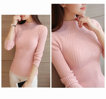 Turtleneck Stretchy Knitted Pullovers Long Sleeve Sweater