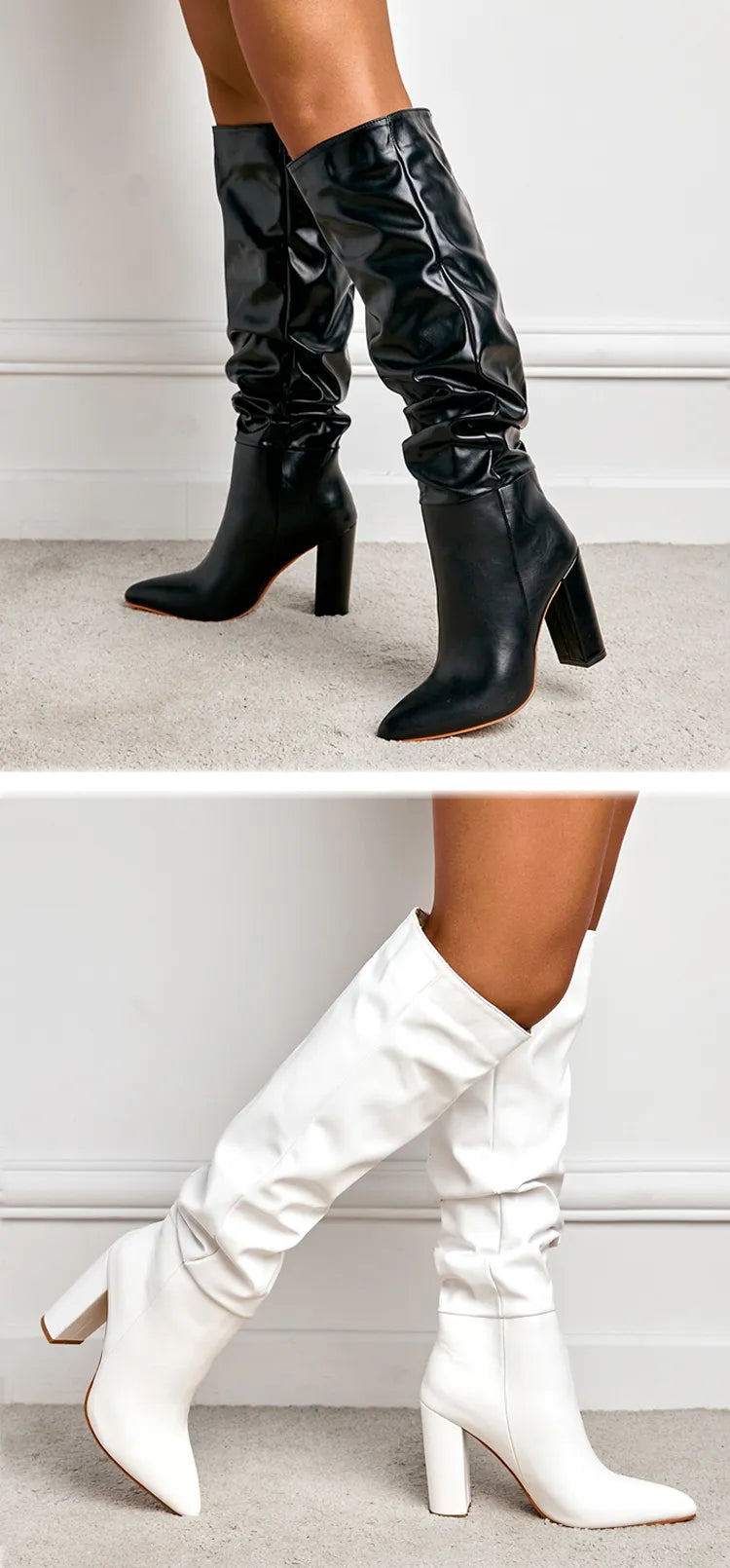 Women Knee High Pointy Toe Square Heels Slip On Boots