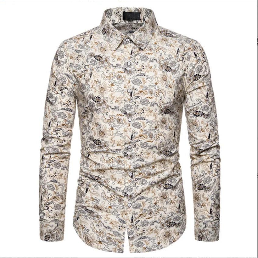 Tropical Floral Print Slim Fit Long-Sleeve Casual Shirt for Men