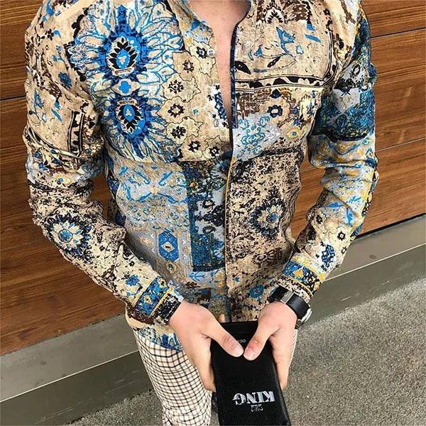 Men's Casual Shirt: Stylish Printed Lapel with Long Sleeves