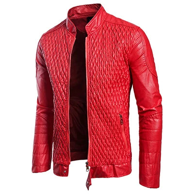 Diamond-Patterned PU Leather Quilted Men's Jacket