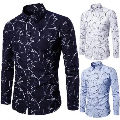 Plaid Cotton Dress Shirt for Men Long Sleeve Floral Pattern Print