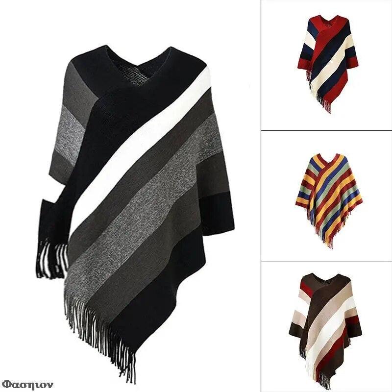 Cloak Soft Knitted Stripe Cardigan Ponchos