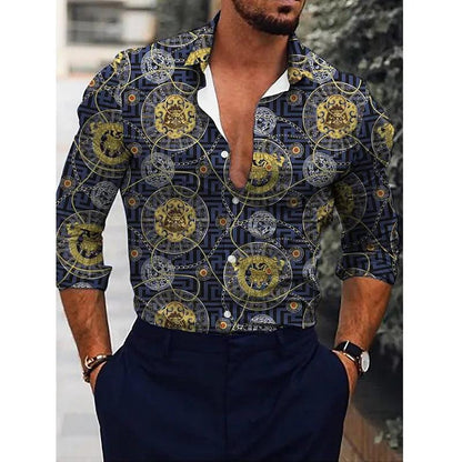 Men's Casual Shirt: Stylish Printed Lapel with Long Sleeves