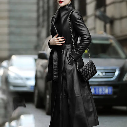 Long Soft Faux Leather Trench Coat with Belt Elegant Down Coat