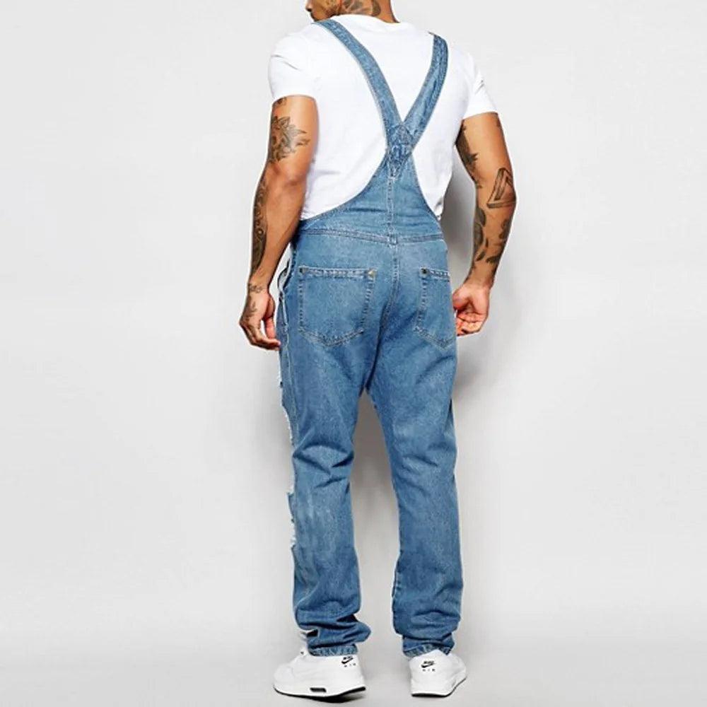 Men Denim Jumpsuit Ripped Style Solid Basic Overalls