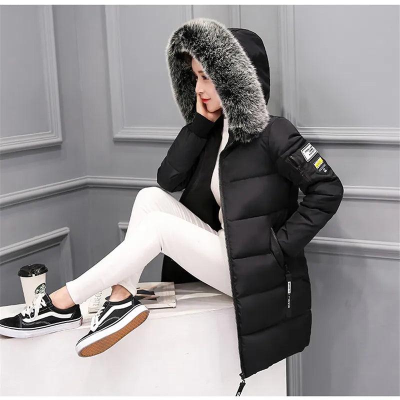 Parka Big Fur Collar Hooded Thick Warm Long Female Coat Casual