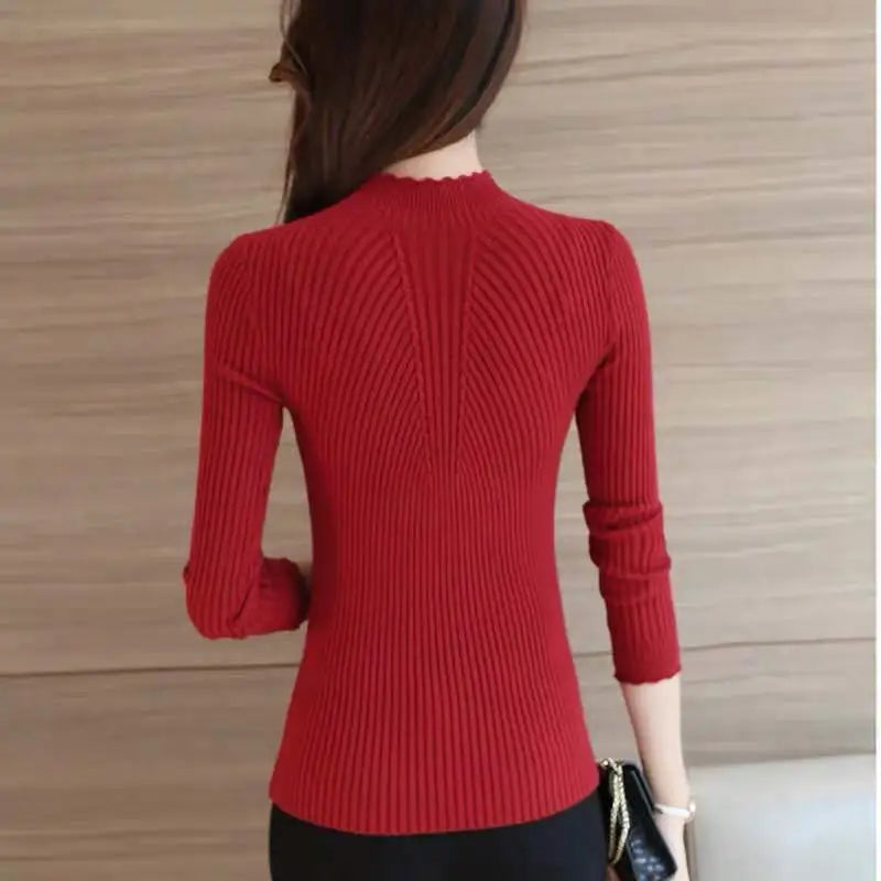 Turtleneck Stretchy Knitted Pullovers Long Sleeve Sweater