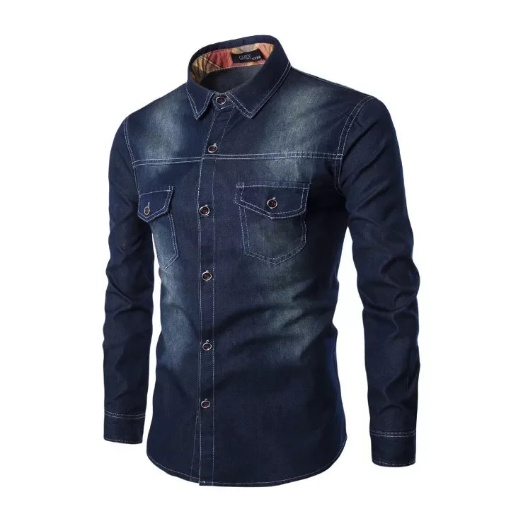 Slim Fit long-sleeved shirt with double pockets men's denim shirt