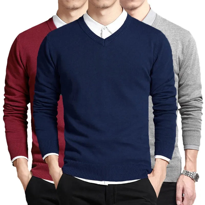 Men Cotton Sweater Long Sleeve Pullovers V Neck Knitted