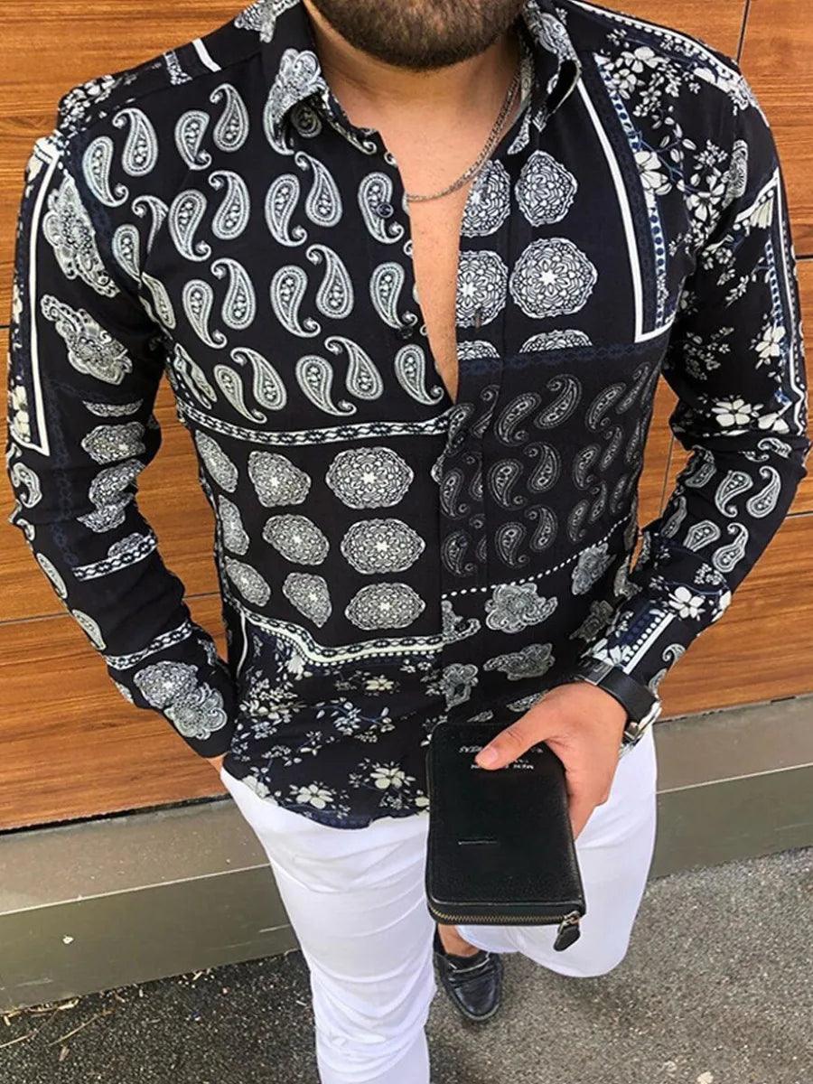 Men's Casual Shirt: Stylish Printed Lapel with Long Sleeves