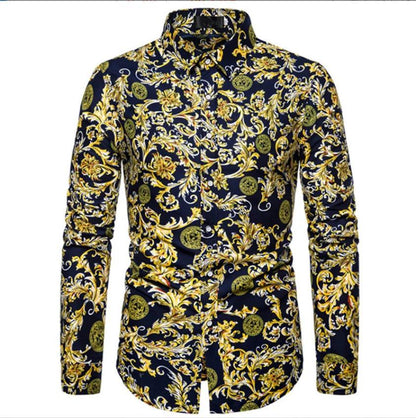 Tropical Floral Print Slim Fit Long-Sleeve Casual Shirt for Men