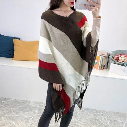 Cloak Soft Knitted Stripe Cardigan Ponchos