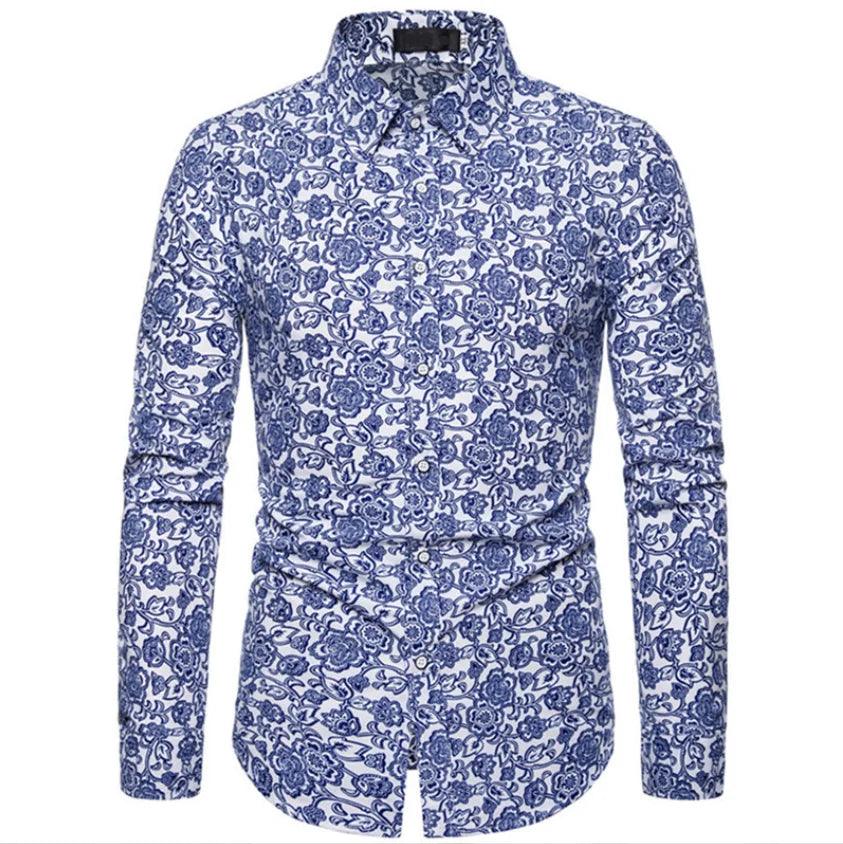 Tropical Floral Print Slim Fit Long-Sleeve Casual Shirt for Men