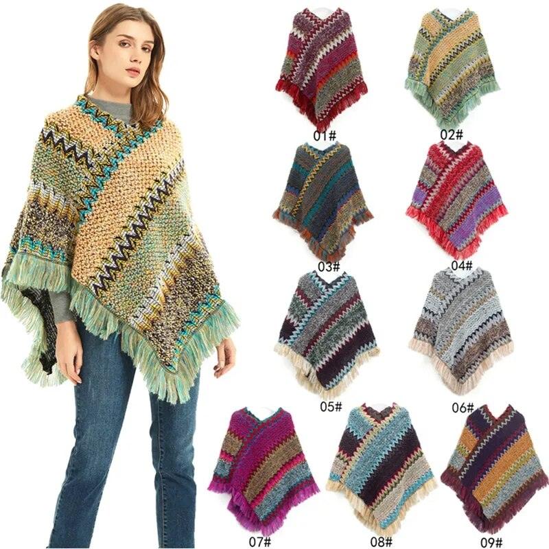 Cloak Soft Knitted Stripe Cardigan Ponchos