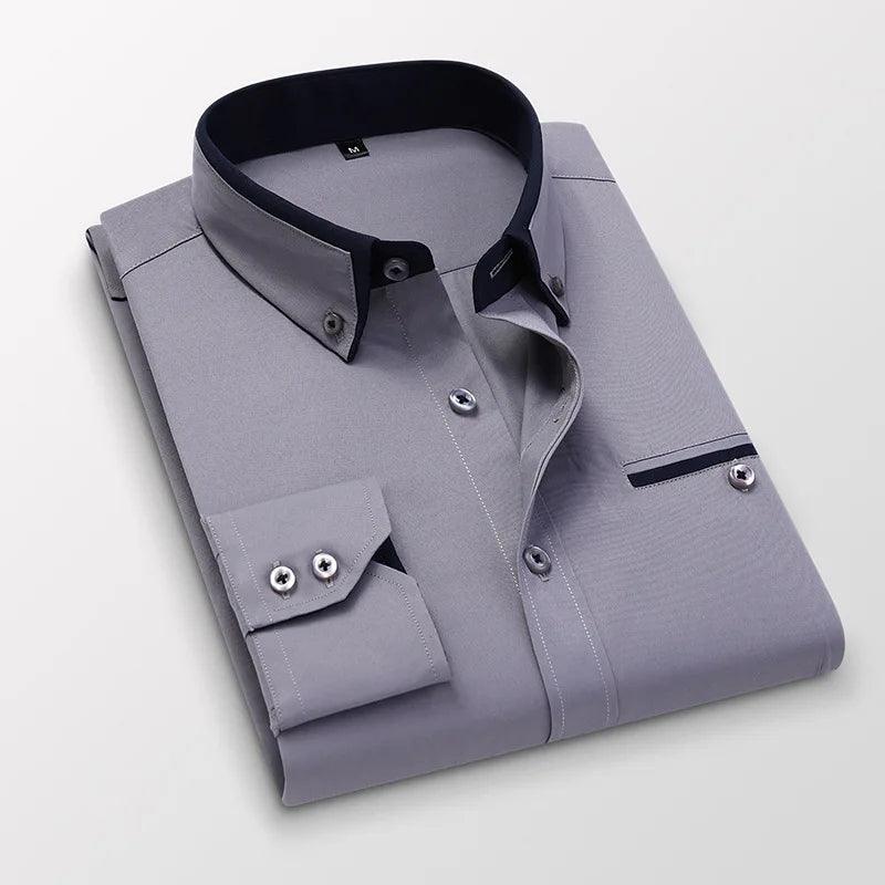 High-Quality Men's Dress Shirt: Long Sleeve Twill Solid & Striped Design, Formal or Casual Wear, Slim Fit.