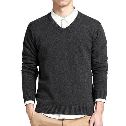 Men Cotton Sweater Long Sleeve Pullovers V Neck Knitted